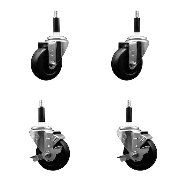 3.5'' Hard Rubber Wheel Swivel 7/8'' Expand Stem Caster Set 2 Brakes, 4PK